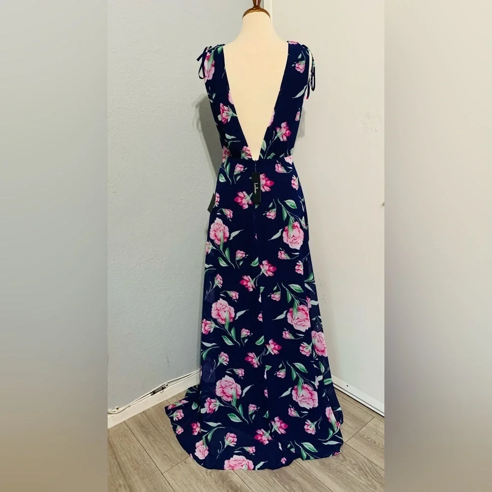 Lulu’s New V-Neck Sleeveless Navy Floral Print Maxi Prom Bridesmaid Dress Size M - Picture 9 of 16